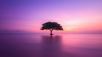 Solitary tree at sunset over a tranquil ocean.