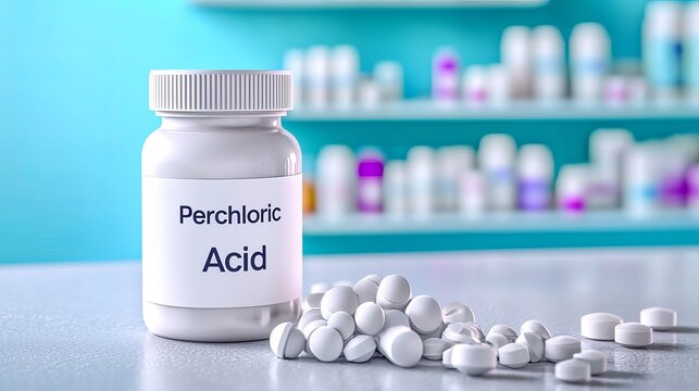 A close-up of a bottle labeled 'Perchloric Acid' alongside white pills, set against a bright, organized pharmacy background.