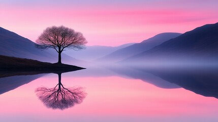 A serene lake reflecting a lone tree at dawn.