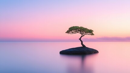 Solitary tree on a rock in calm water at dawn.