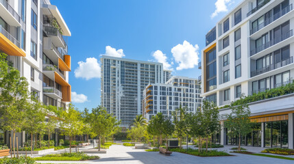 Modern urban landscape with residential buildings and greenery