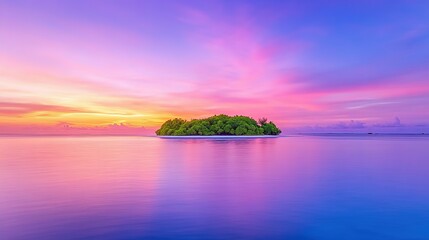 A tranquil island at sunset bathed in vibrant hues.