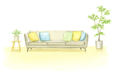 リビングのソファと観葉植物の水彩画