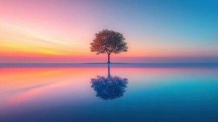 A solitary tree reflected in a calm body of water at sunrise.