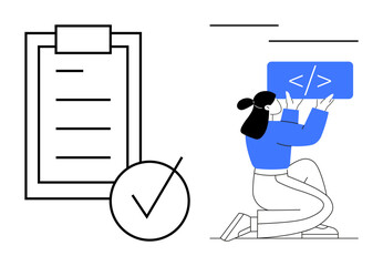 Female developer holding a code snippet with HTML brackets and checklist with a checkmark. Ideal for coding, programming, task management, project planning, web design, development, productivity