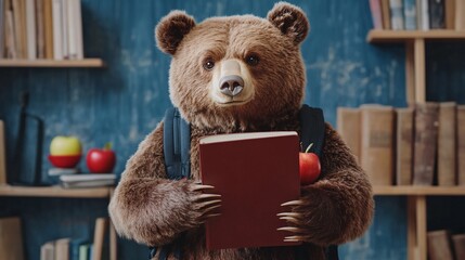 Smart Bear Studying: Cute animal holding notebook and apple, ready for school.