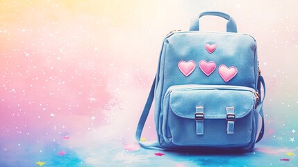 Student Backpack Surrounded by Hearts and Stars - Back to School Love and Magic Concept