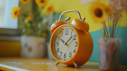 Cheerful Clock Displaying School Start Time in a Classroom Setting