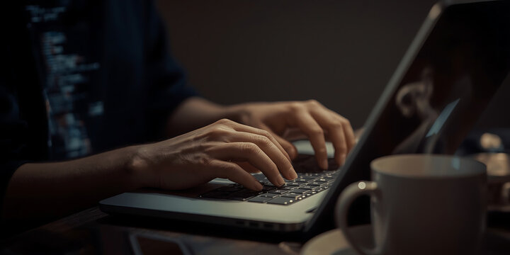 Man typing on keyboard in office setting with hands in focus