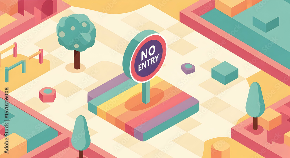 Fototapete isometric cityscape with no entry sign and colorful building blocks design