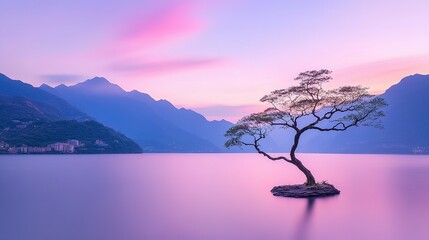 Solitary tree on an island in a serene lake at dawn.