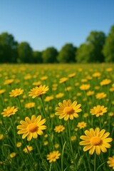 Obraz premium Bright yellow daisies blooming in a sunlit meadow against a clear blue sky