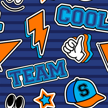 Seamless pattern with varsity-style patches on dark blue stripes.  Playful and energetic design with a sporty attitude.