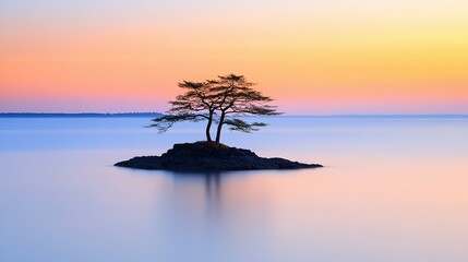 Peaceful island silhouette at dawn.