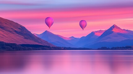 Two hot air balloons float above a tranquil lake at sunrise.