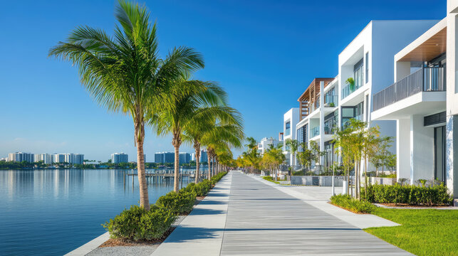 Modern waterfront walkway with palm trees and homes