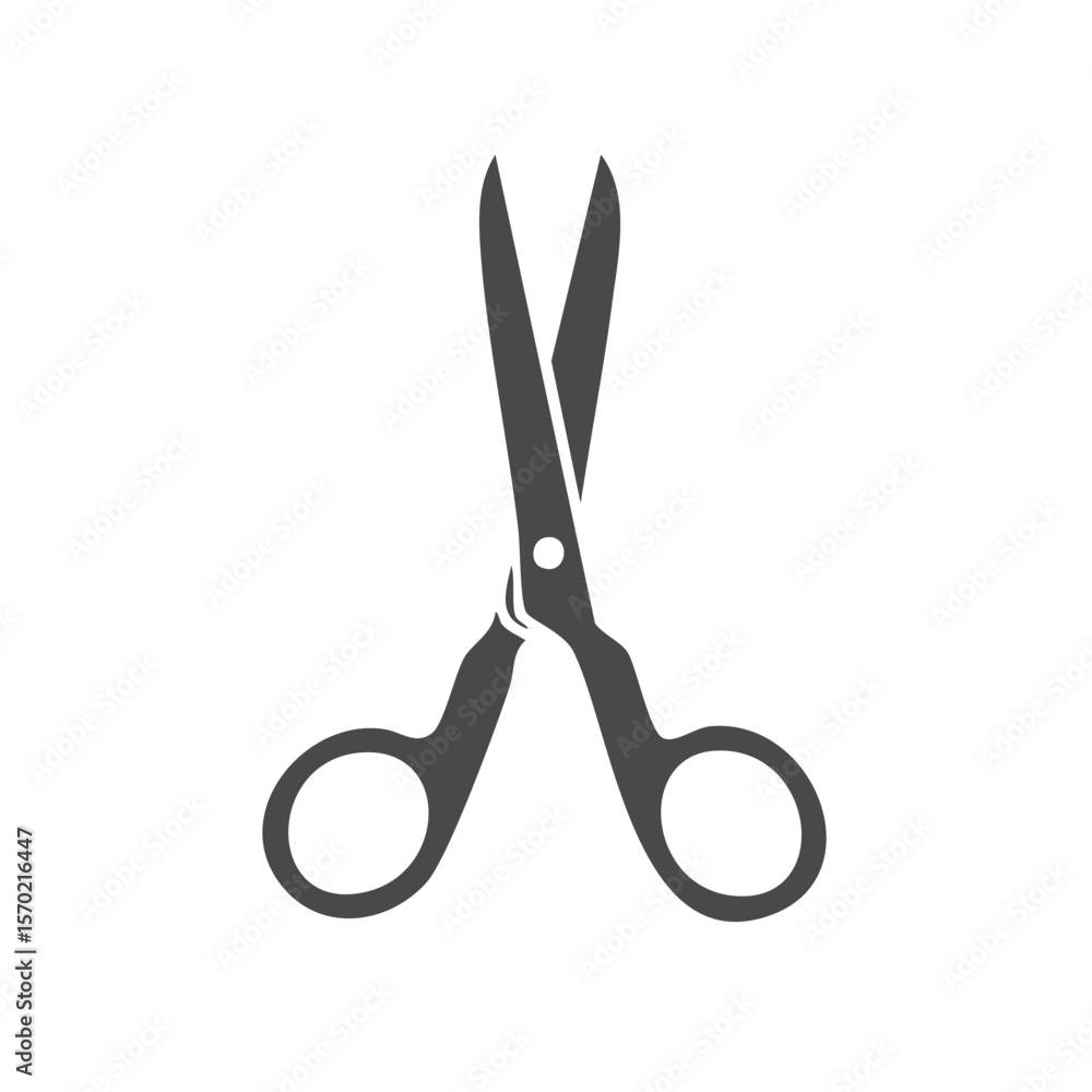 Poster gray scissors open on black background for cutting and crafting with sharp blades