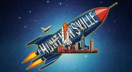 Huntsville Alabama Space Rocket Illustration Against Starry Sky Background