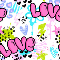 Abstract seamless chaotic pattern with graffiti words, spots and hearts. Grunge colorful background.