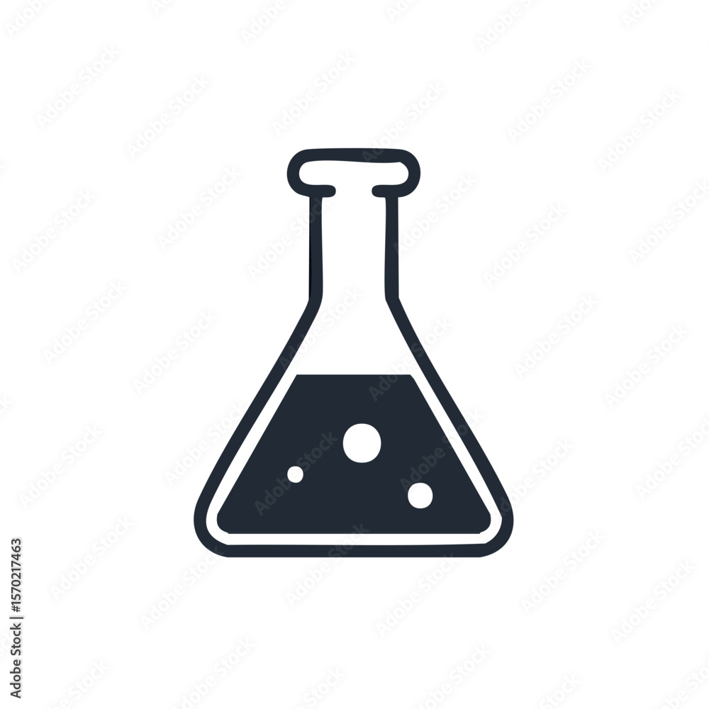 Poster dark flask with bubbles: outline icon for science, chemistry, experiments and laboratory work