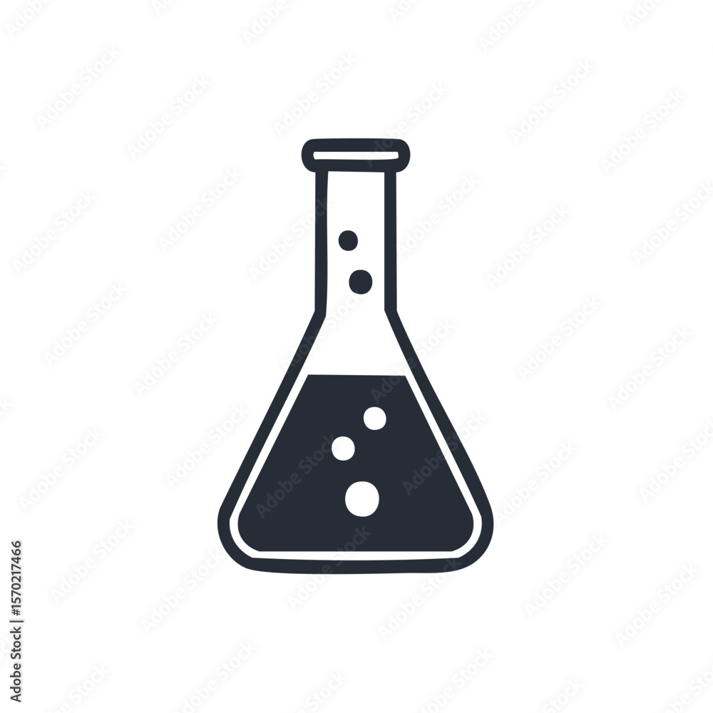 Poster erlenmeyer flask with liquid and bubbles outline style on black background