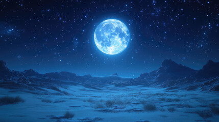 Moonlit Desert Landscape with Starry Sky at Night
