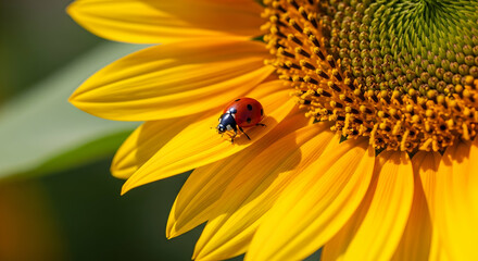Ladybug Enjoying The Warmth Of A Bright Yellow Sunflower Petals In Summertime