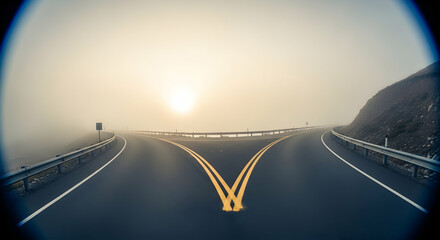Mystical Road Ahead: Where The Journey Splits Amidst The Foggy Horizon