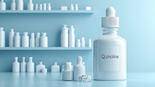 A close-up of a white glass bottle labeled Quinoline, showcasing a modern pharmacy aesthetic with soft blue tones.