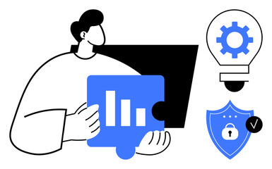 Person holding puzzle piece with bar chart, alongside lightbulb with gear and secure shield. Ideal for innovation, security, teamwork, problem-solving, data analysis, strategy productivity. Simple