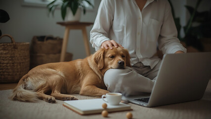 Woman sitting with her dog while using a laptop in a veterinary setting