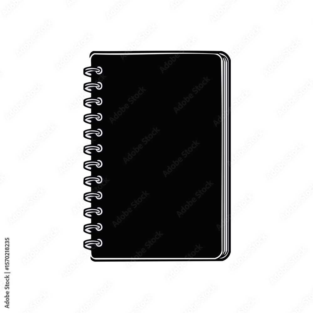 Poster minimalist black notebook with spiral binding for writing and notes on dark background