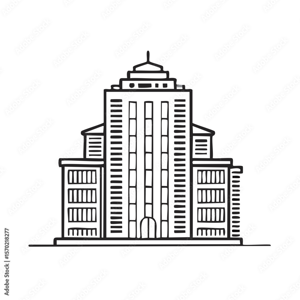 Poster linear illustration of a city building with windows and architectural features