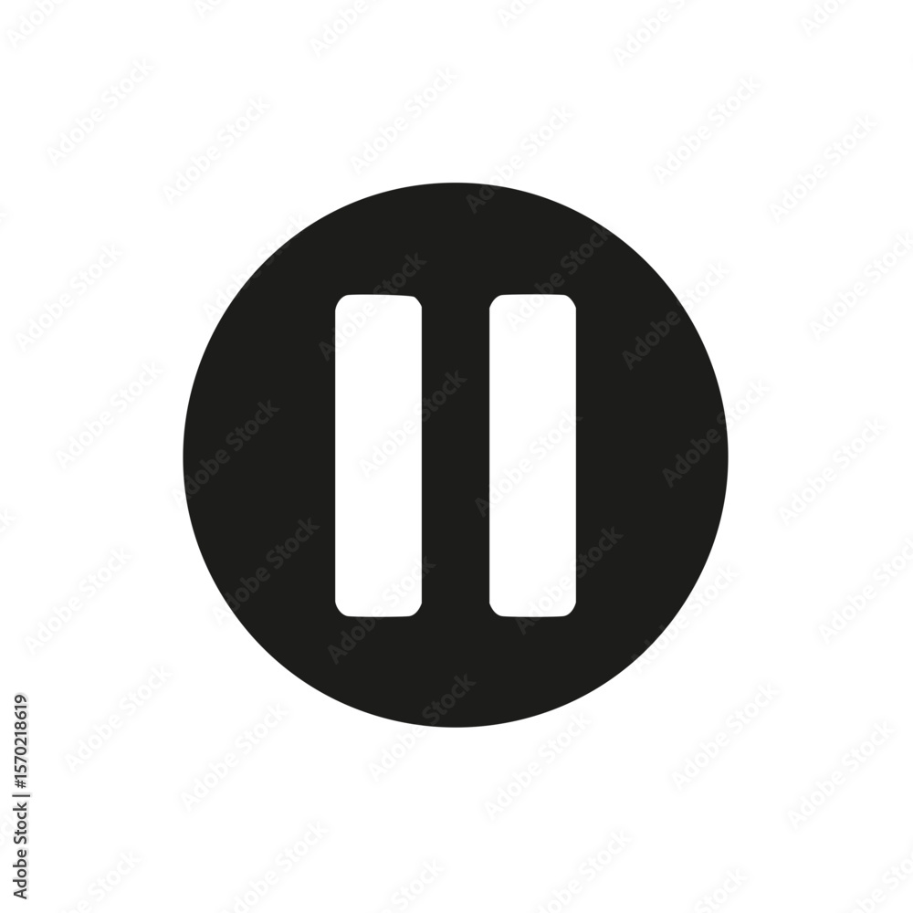 Poster pause symbol icon, black circle shape with two vertical lines in a plain background