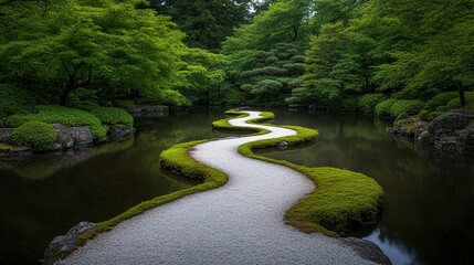 Serpentine pathway winding through a tranquil garden.