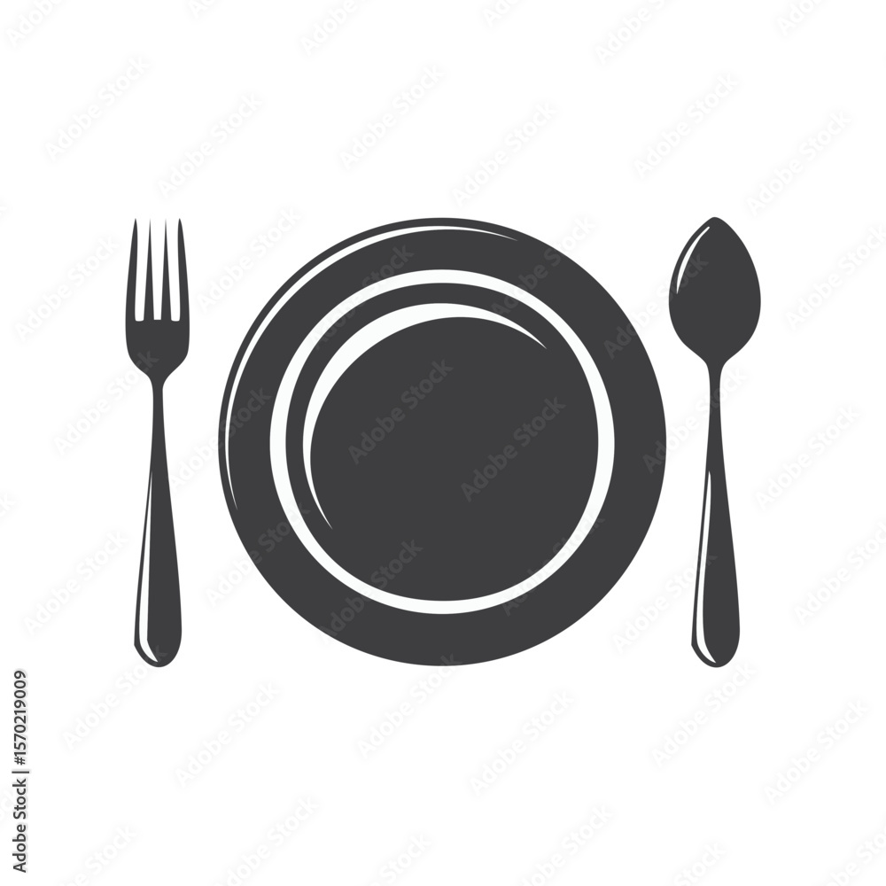 Poster dining icon set a plate a fork and a spoon on dark backdrop minimalist table setting dinnerware uten