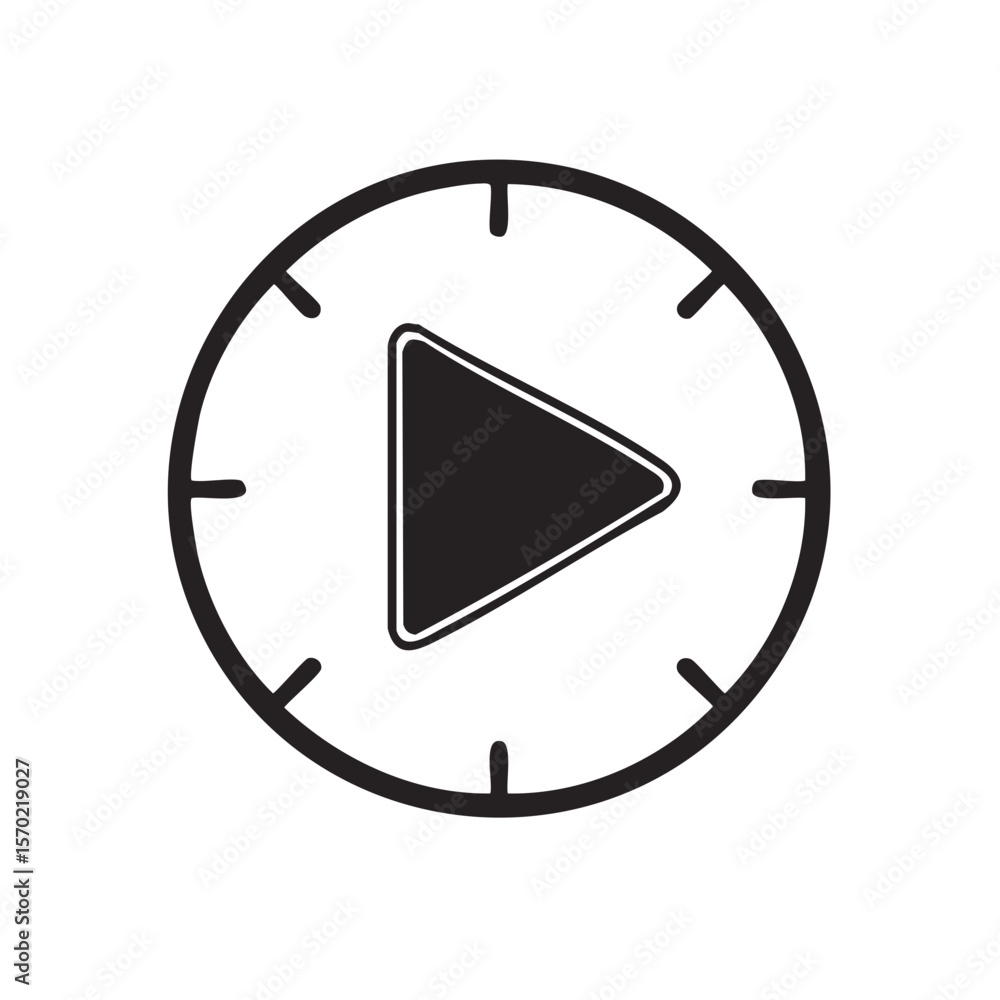 Poster play button outline in a circle resembling a clock for videos or time lapse motion media start or pr