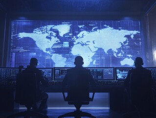 Global cyber network security operation center with analysts monitoring data