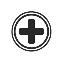 Obraz premium Plus sign symbol inside of a double circle against black background. Adding and mathematics abstract.