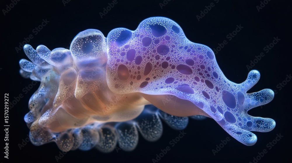Poster close-up view of a translucent sea slug with intricate bubble-like texture.