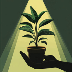 A person with a hopeful expression holding a small plant in a spotlight background