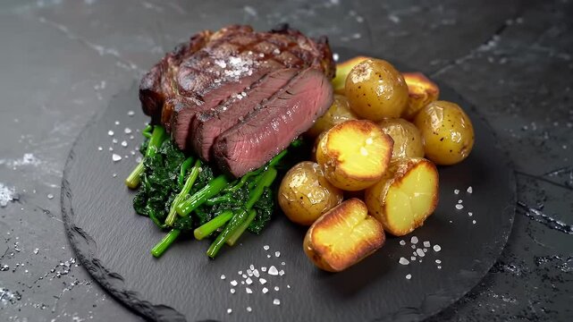 Juicy Sliced Steak Garnished with Potatoes and Greens on Black Slate in Studio Lighting and Top View Ready to Serve