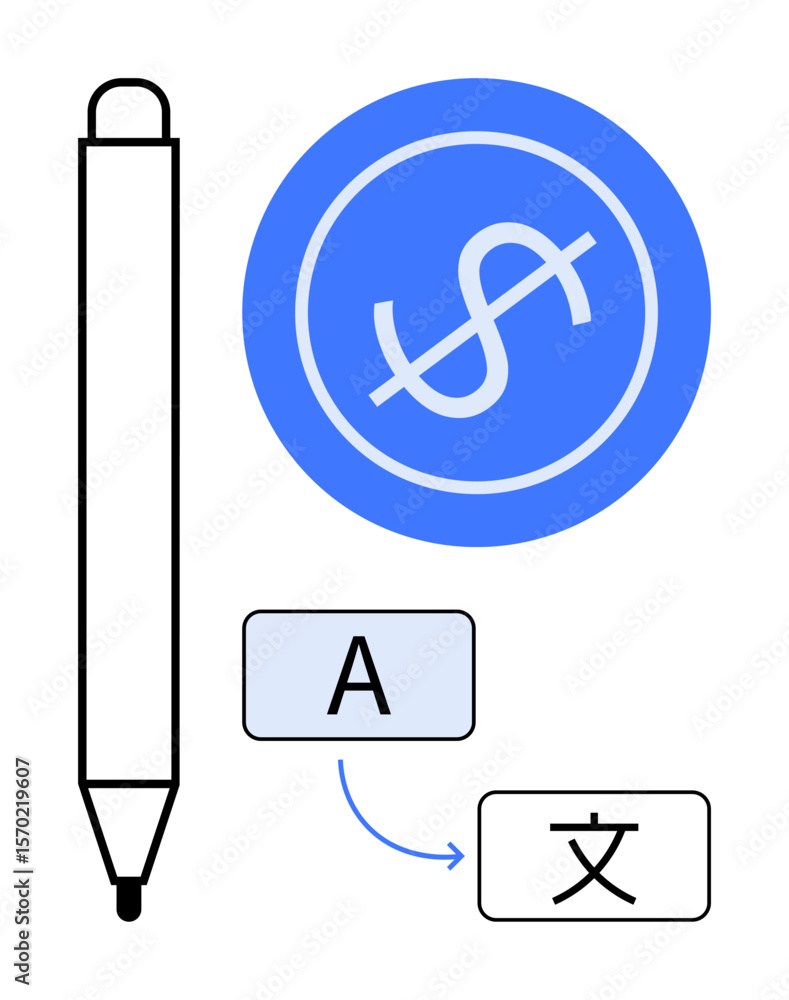 Poster pen with translation icons and currency symbol conveying language conversion, globalization, and com