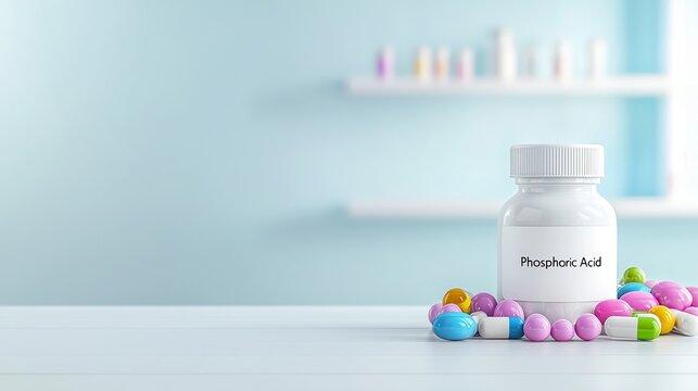 A clean, modern display featuring a bottle labeled 'Phosphoric Acid' surrounded by colorful pills.