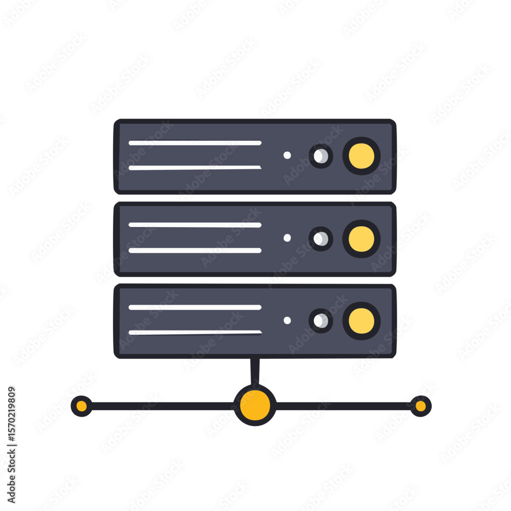 Poster illustration of data servers for network infrastructure processing and management on isolated black 