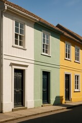 Colorful urban facade with white, green, and yellow houses on sunny day