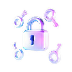 Holographic padlock and keys symbolizing security and access isolated on transparent background. Secure digital lock and key icons representing data security privacy and access control