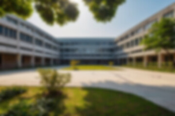 Fototapeta premium Blurry photo of a university building courtyard with a basketball court in front of it with a green theme and lots of trees.