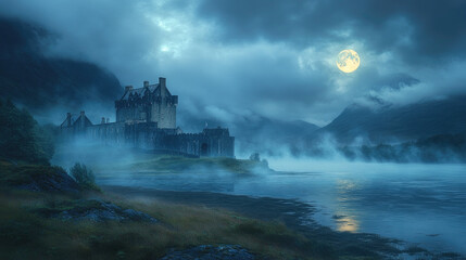 Fototapeta premium Mysterious Castle Under Moonlight by the Lake