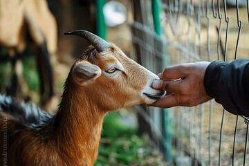 A man feeds a goats in a petting zoo. Be closer to animals and nature. Focus on the goat. Selective focus


